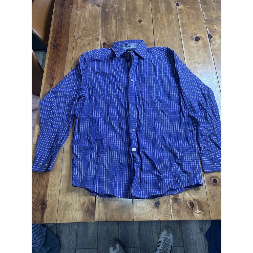 ARIAT PRO SERIES Men's Blue White Plaid Grid Long Sleeve‎ Casual Button Down